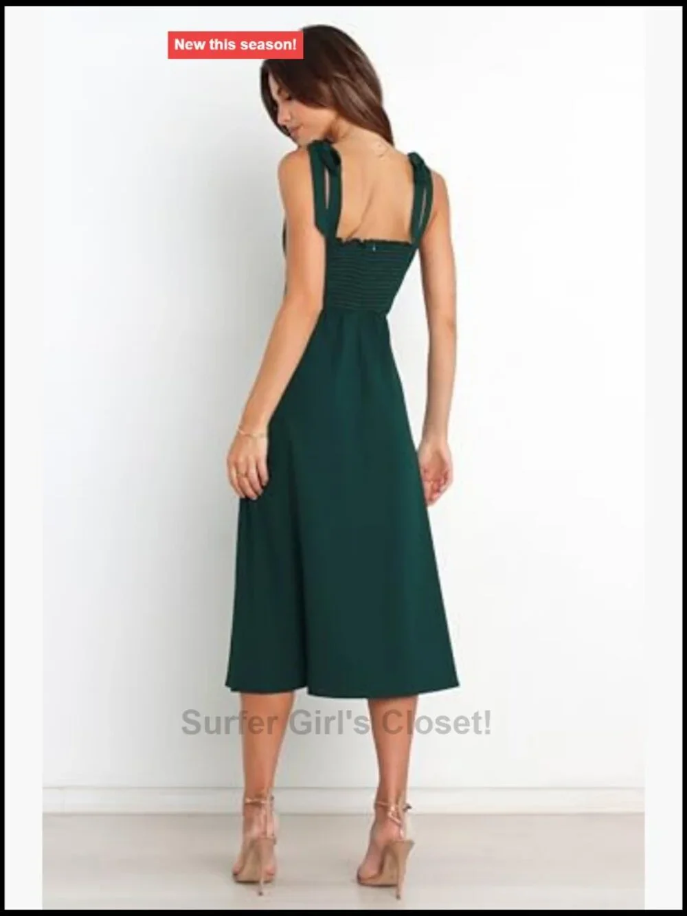 Emerald Midi A-Line Dress Square Neck Tie Back Sleeveless Zipper